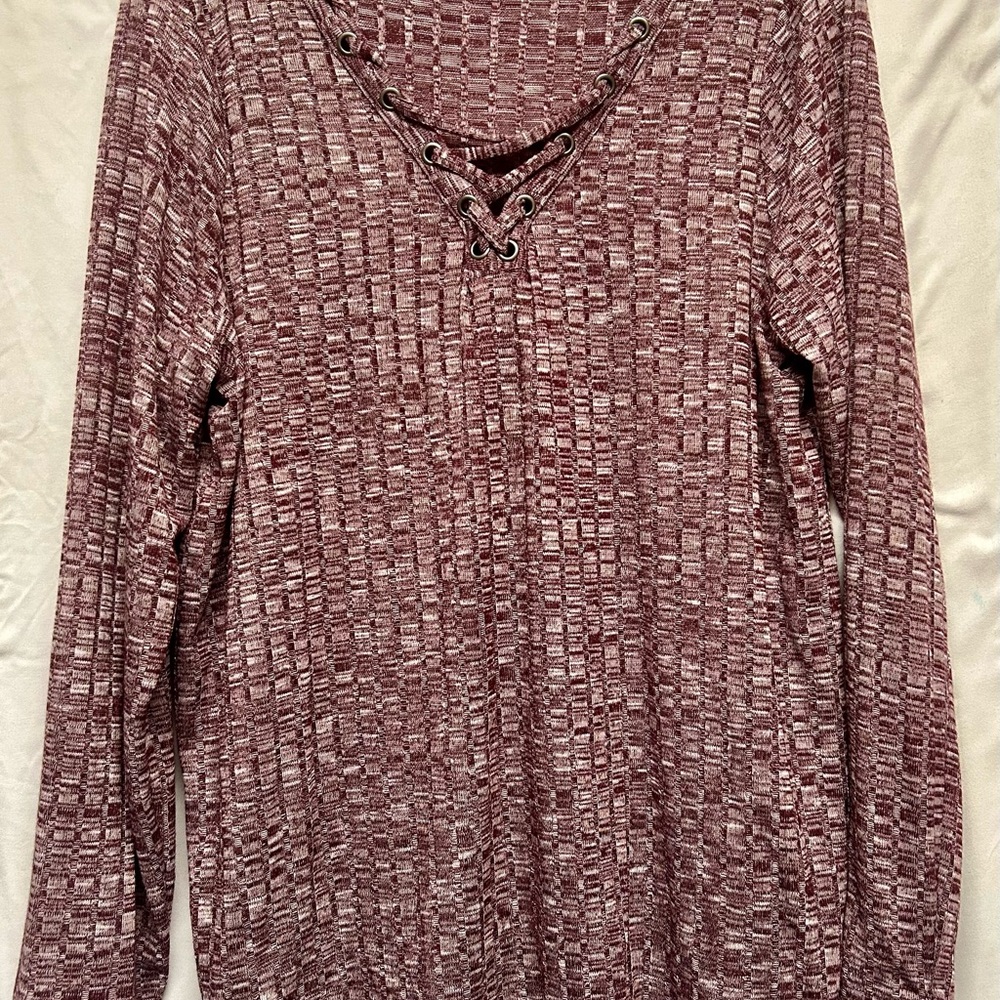Rock & Republic Red and Gray Cuffed Sleeve Long Sleeve Blouse